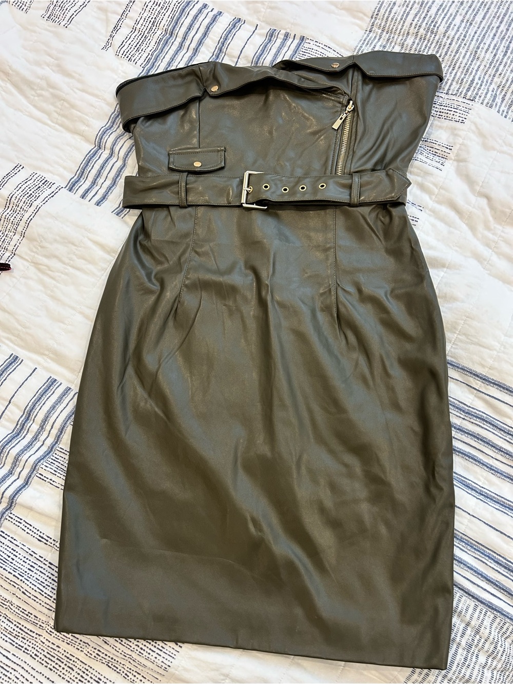 Strapless Faux Leather Belted Dress - Olive Green